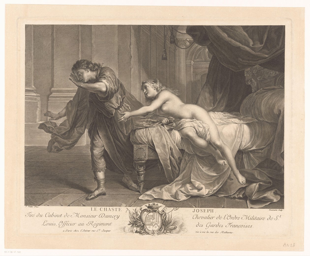 József ellenáll Potifár feleségének kísértésének Le chaste Joseph (cím a tárgyon) alkotó: Jacques Beauvarlet