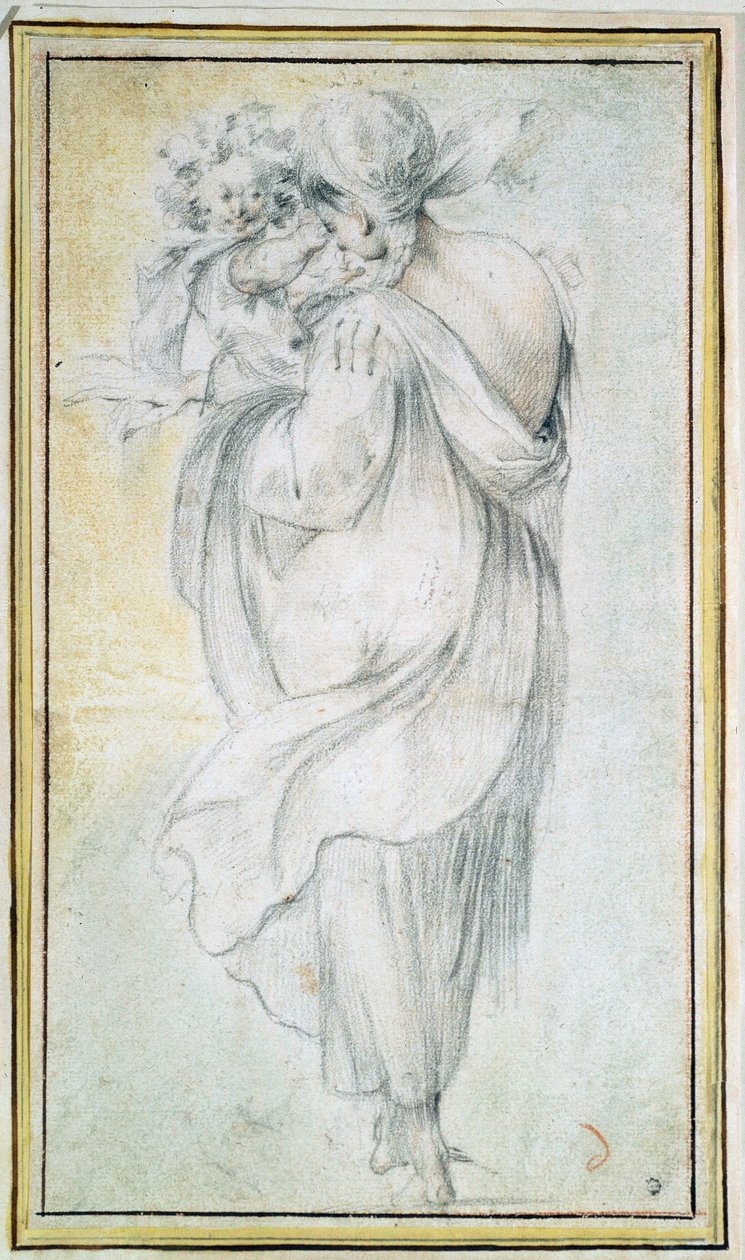 Cigány gyerekkel - Jacques Bellange munkája (1575-1616 körül), vér és fekete-fehér kréta papíron (30x16,5 cm), 17. század eleje - Cigány gyermekkel, Vér, fekete-fehér kréta papíron J. Bellange, 17. század eleje – állam H alkotó: Jacques Bellange