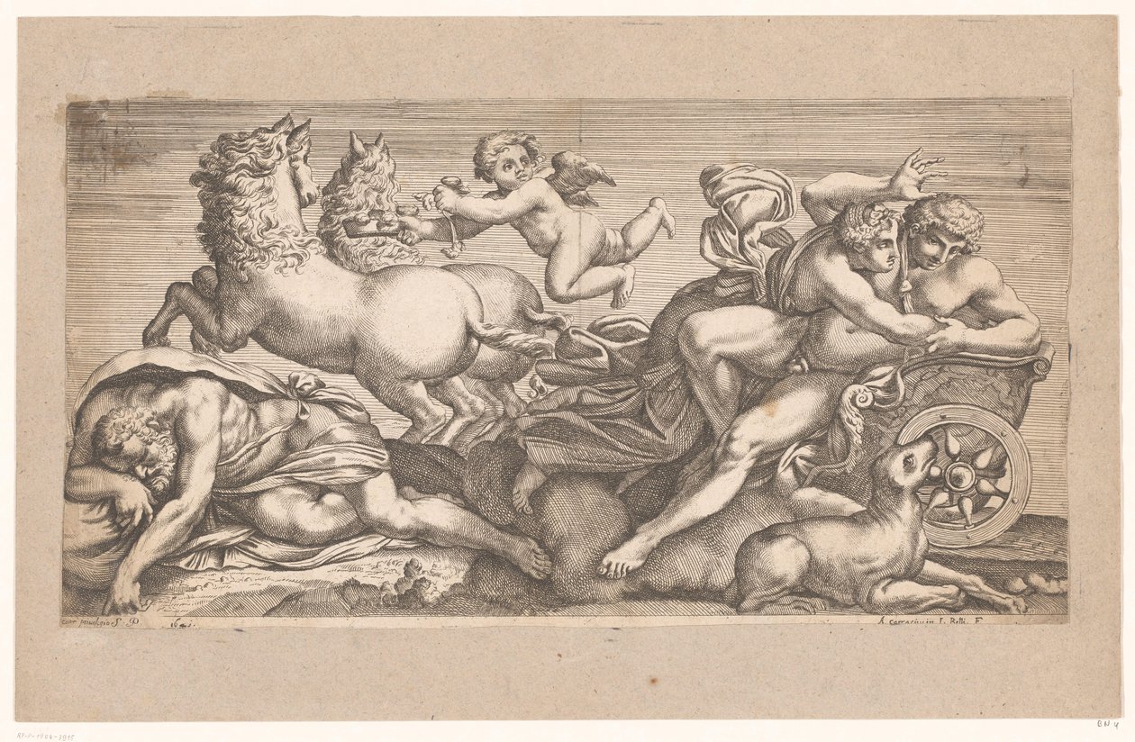 Cephalus, akit Aurora elvitt a szekerén Mitológiai jelenetek a római Palazzo Farnese freskói után (sorozat címe) alkotó: Jacques Belly
