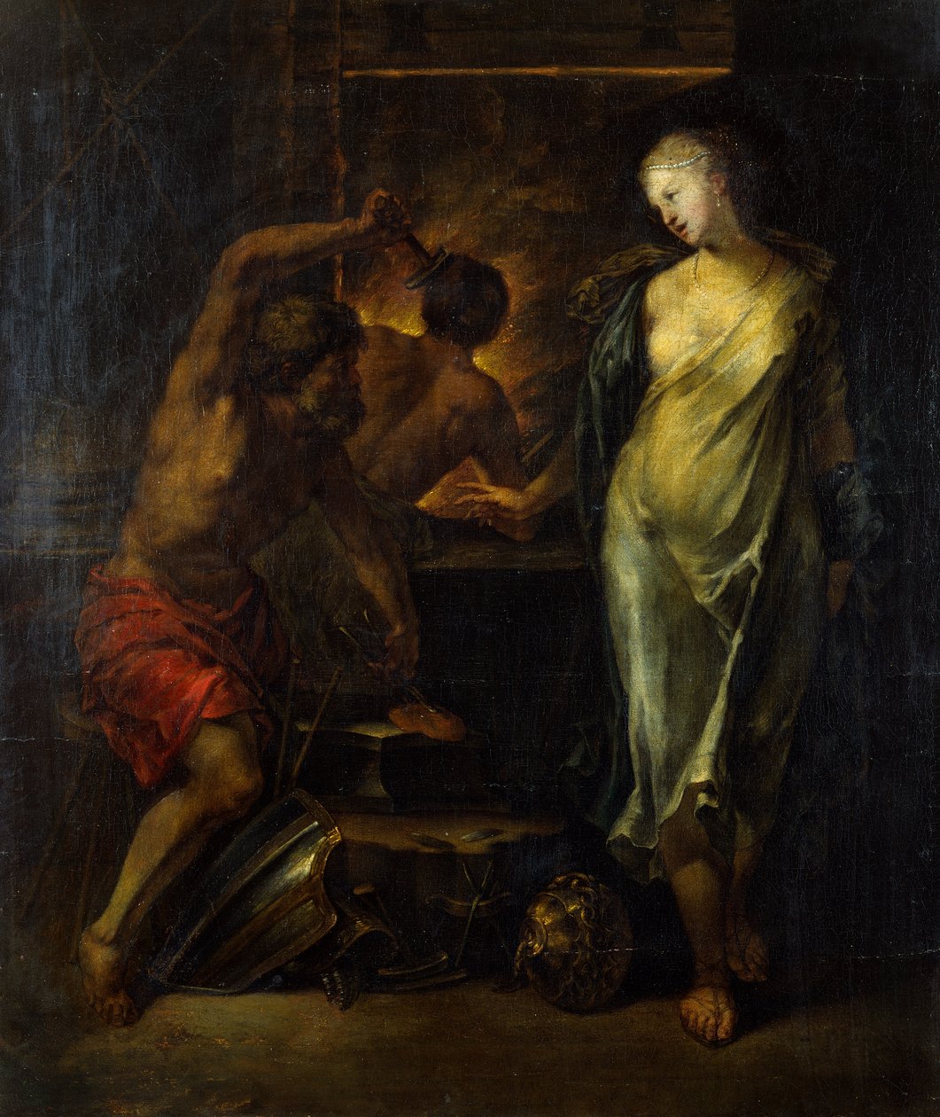 A vulkán Akhilleusz páncélját kovácsolja Thetis felügyelte (olaj, vászon) alkotó: Jacques Blanchard