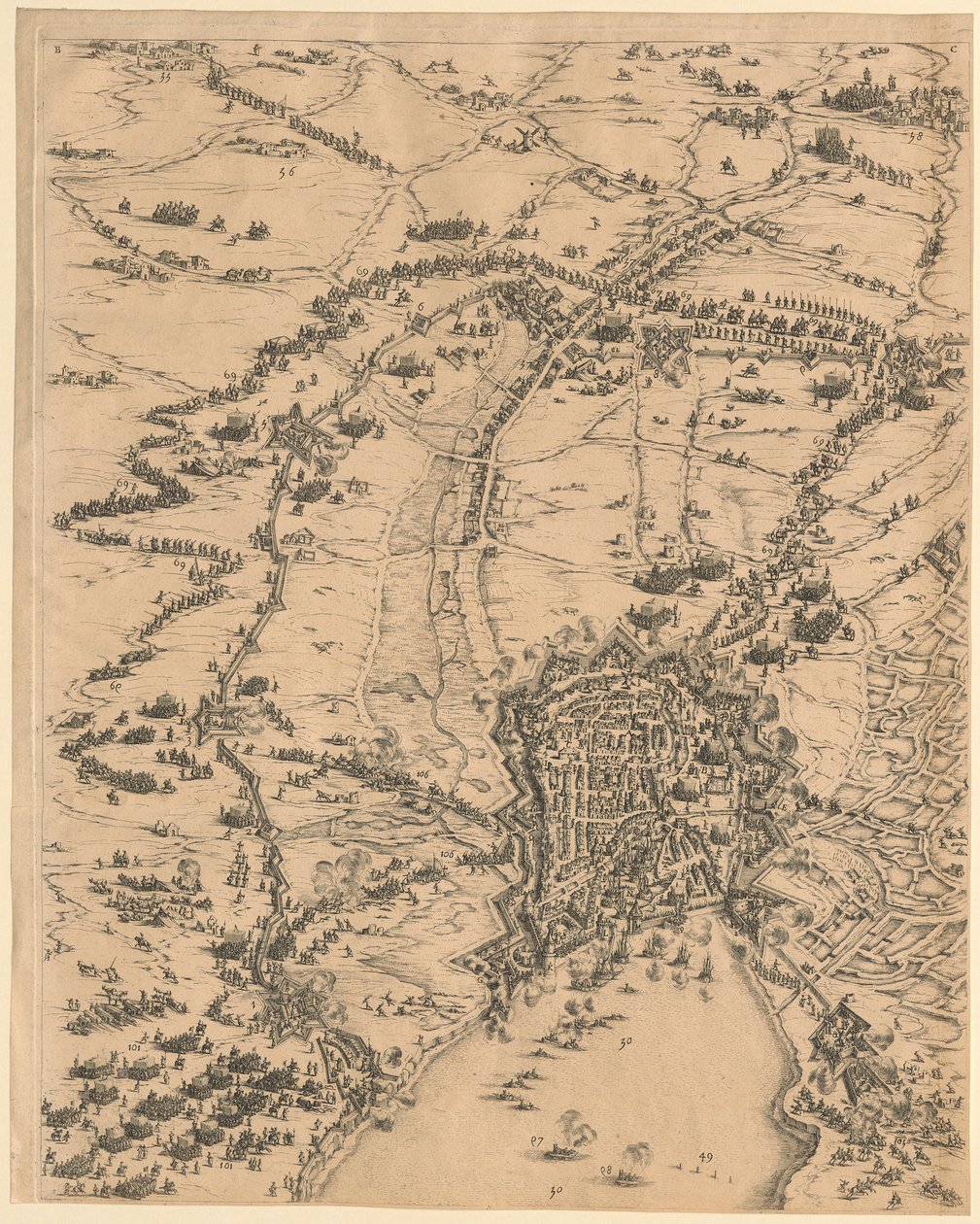 2. Tábla, felül középen: „La Rochelle ostroma” alkotó: Jacques Callot