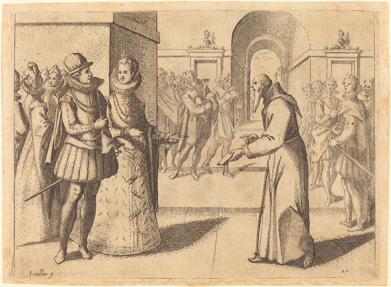 Egy kapucinus, aki köszönetet mond a bajor királynak, 1612. alkotó: Jacques Callot