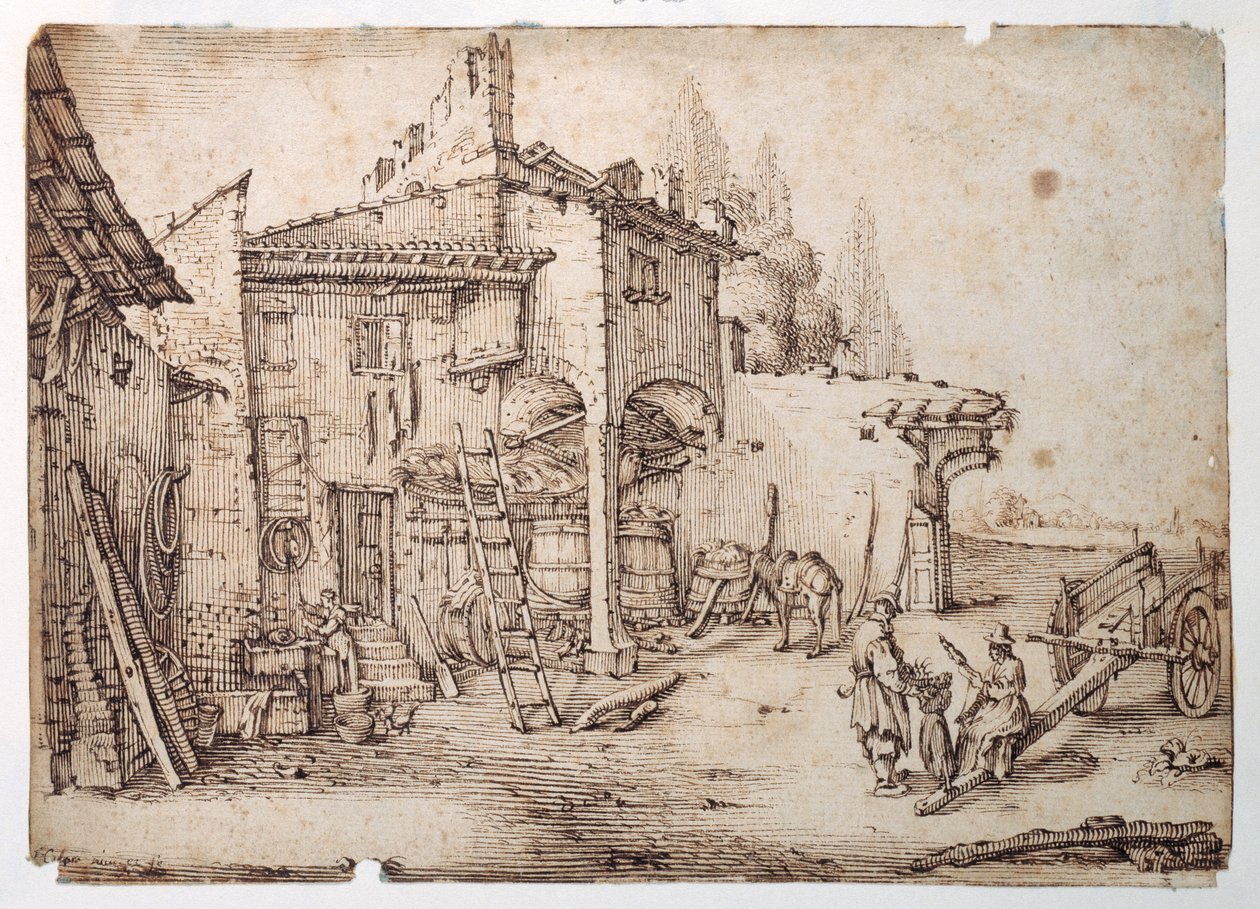 Egy olasz farmudvar (toll és barna tinta papíron) alkotó: Jacques Callot