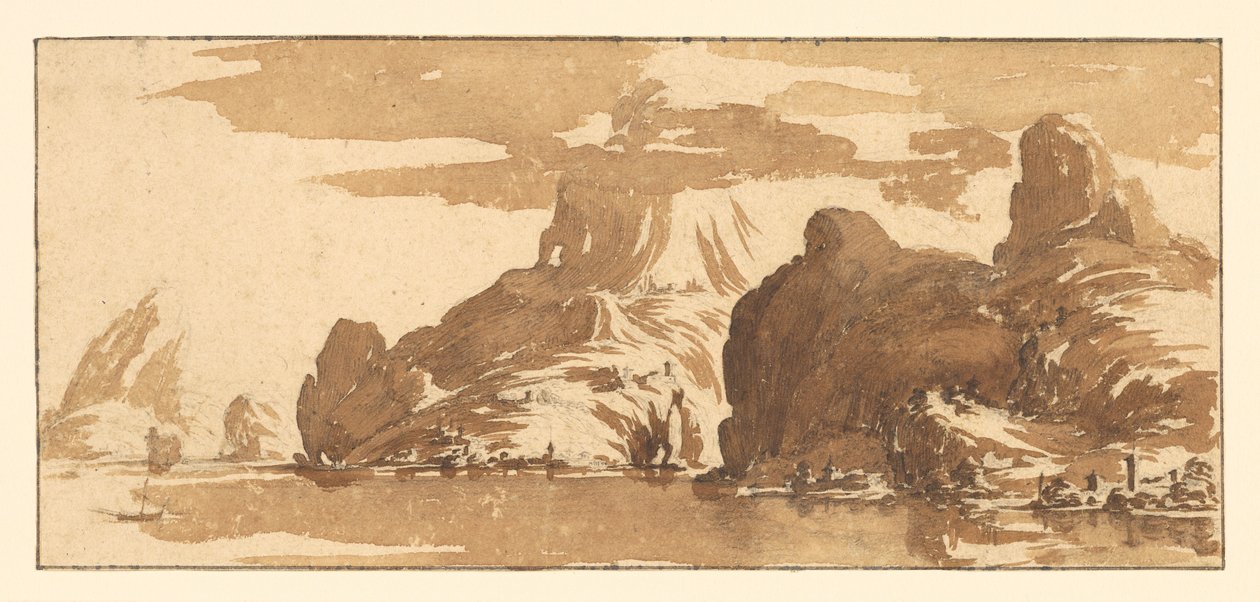Blick auf Berge über einen See alkotó: Jacques Callot