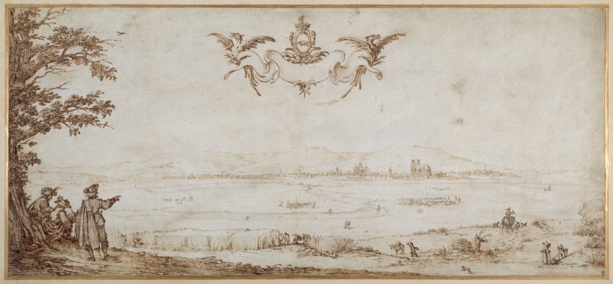 Toul kilátása a síkságon, táj alakokkal, az ég porcellák karjaival (toll és barna tinta pergamen) alkotó: Jacques Callot