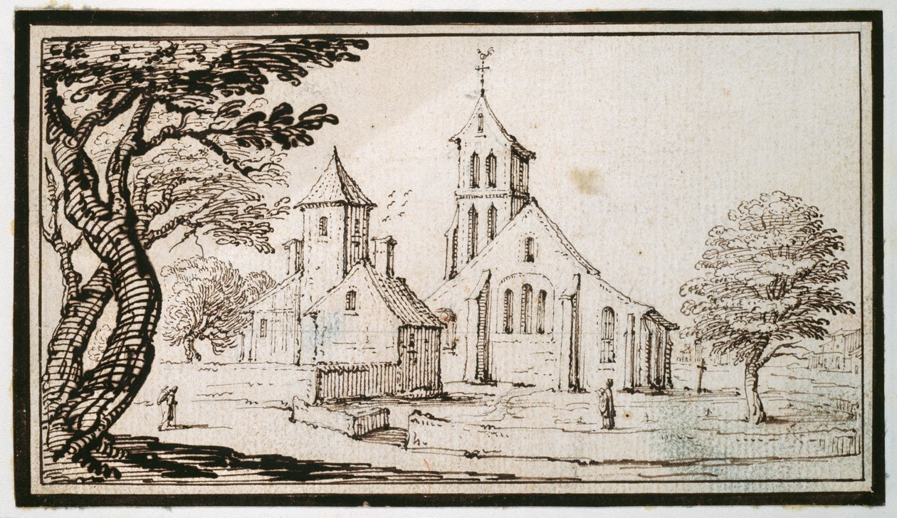 Egy templom Lotaringiában és egy szomszédos épület (toll és barna tinta papíron) alkotó: Jacques Callot