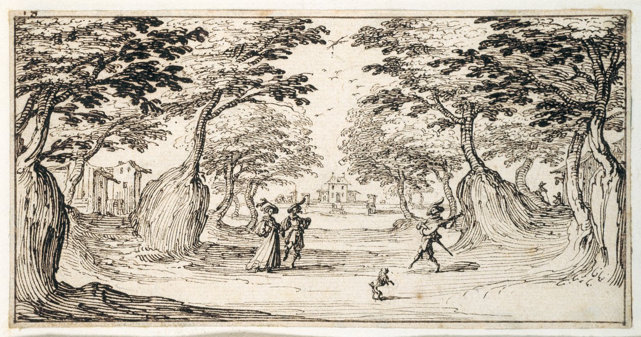 Egy finom hölgy és úriember táncol az erdőben lantra, egy kastély a távolban (toll és barna tinta a papíron) alkotó: Jacques Callot