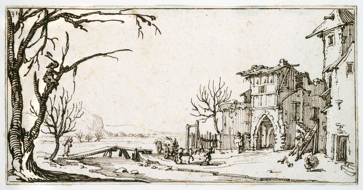 Egy falu középkori kapujához szénát hoznak, egy ágat levágott férfi egy Israel Silvestre albumából, 1630 körül (toll és tinta papíron) alkotó: Jacques Callot