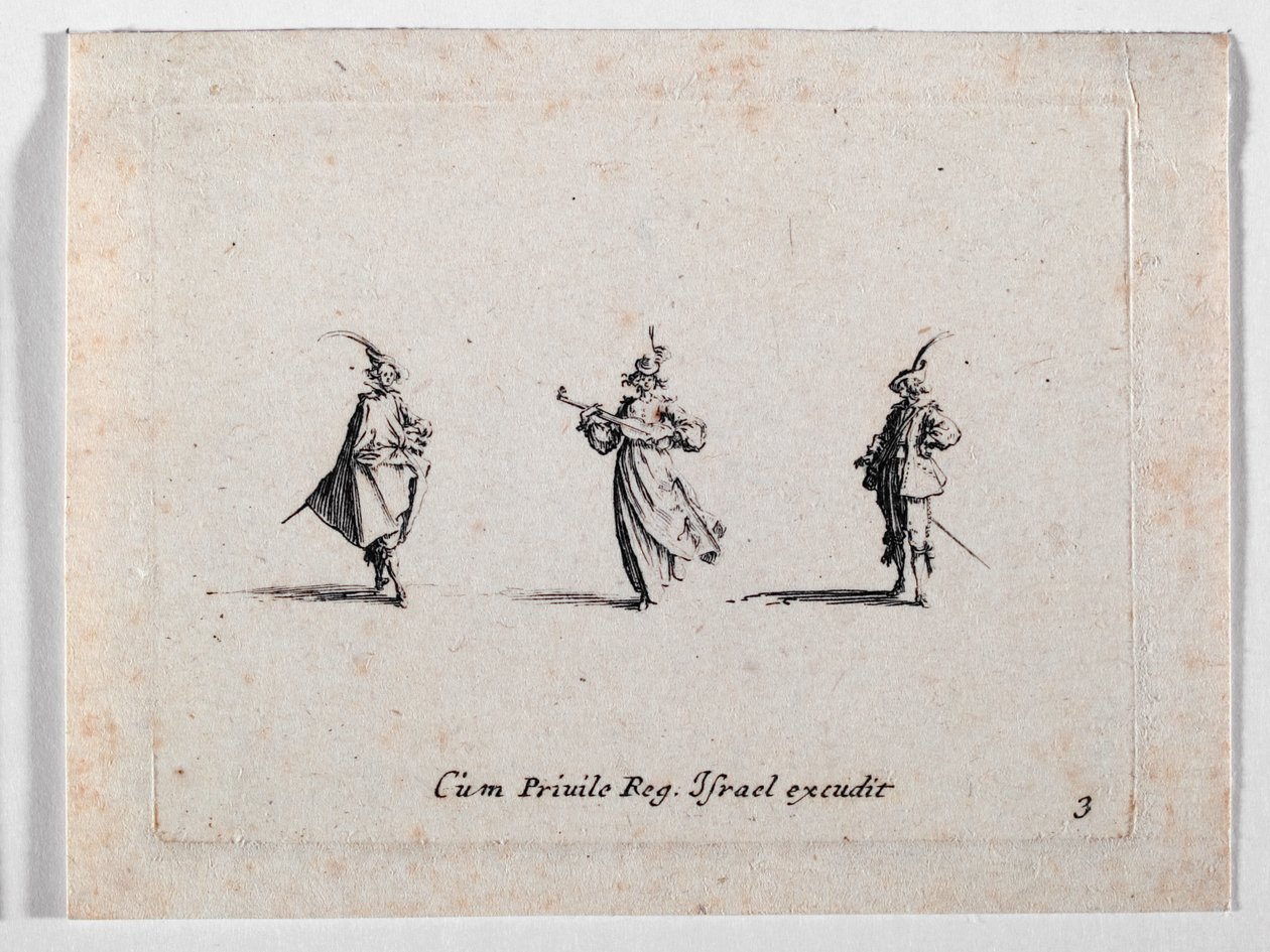Egy muzsikáló hölgy és két lovász, a ... (metszet) alkotó: Jacques Callot