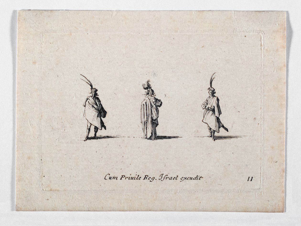 Egy hölgy hosszú kabátban és két lovaslovag, ... (metszet) alkotó: Jacques Callot