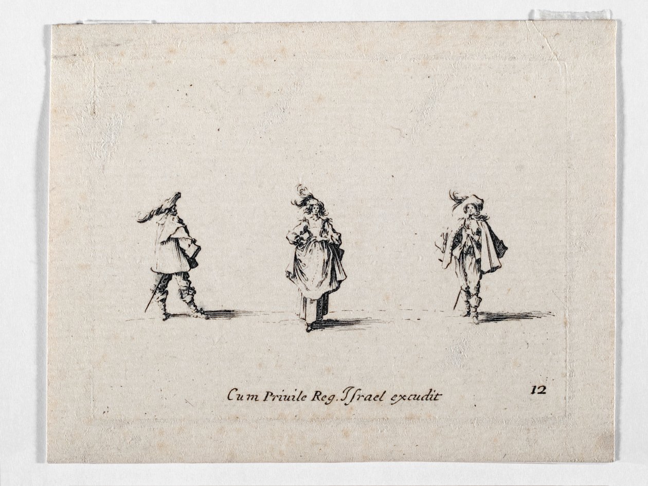 Tollas kalapos hölgy és két lovas, ... (metszet) alkotó: Jacques Callot