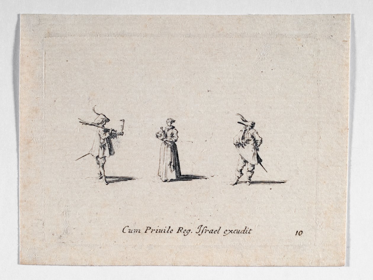 Egy hölgy borosüveggel és két lovaslovaggal, ... (metszet) alkotó: Jacques Callot