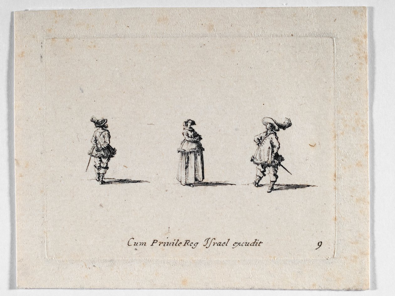 Összekulcsolt karú hölgy és két lovas, ... (metszet) alkotó: Jacques Callot