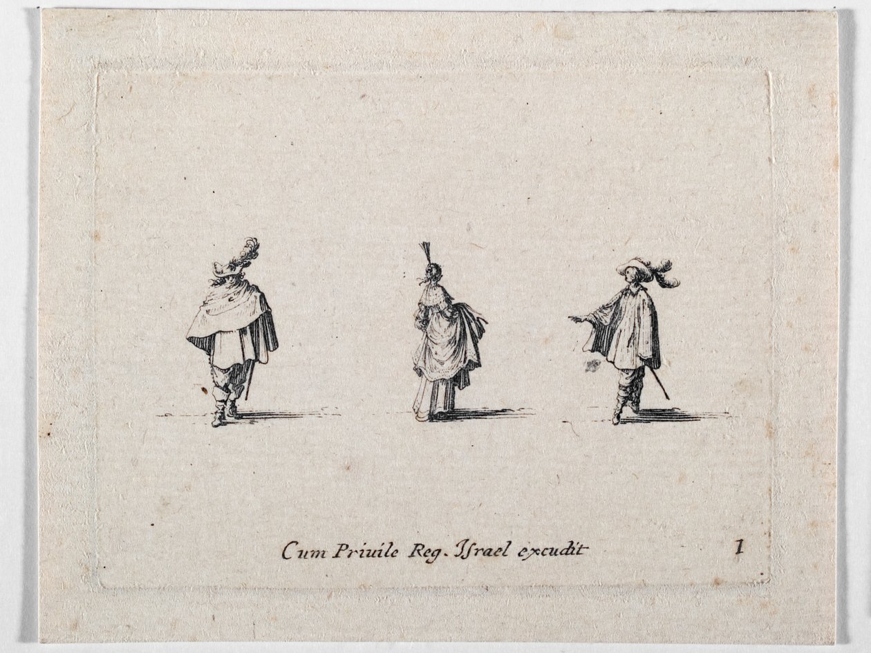 Egy hölgy felhajtott szoknyában és két lovas, a Les Fantaisies de Noble J. Callot ... (metszet) alkotó: Jacques Callot