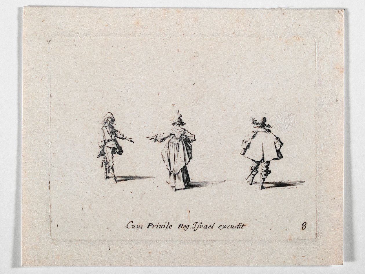 Egy hölgy kinyújtott kézzel, hátulról nézve, és két lovas, Les Fantaisies de Noble J. Callot ... (metszet) alkotó: Jacques Callot
