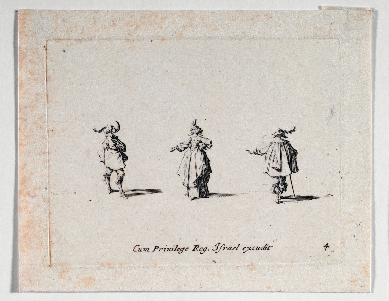 Egy hölgy kinyújtott kézzel és két lovas, a ... (metszet) alkotó: Jacques Callot