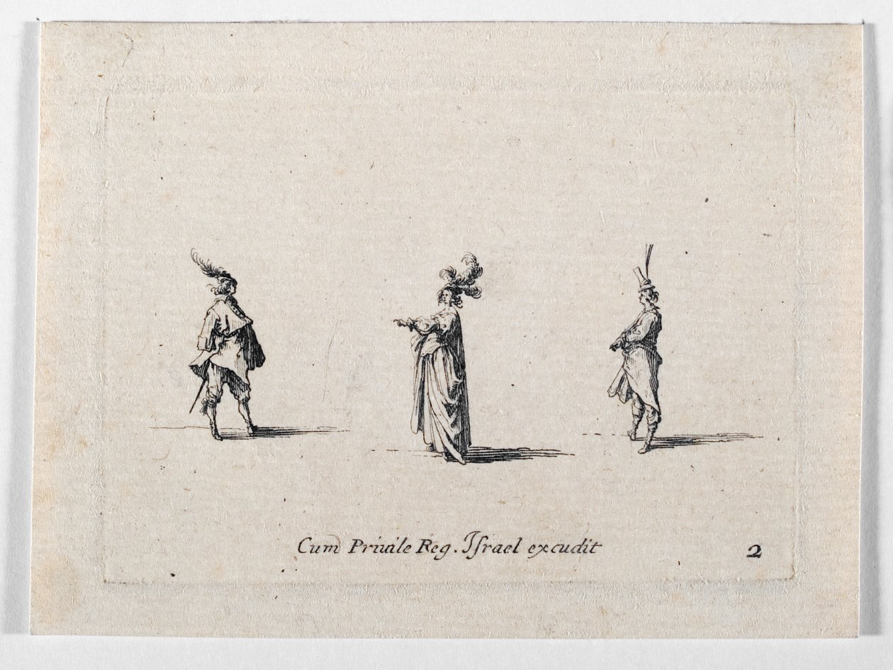 Tollas kalapos hölgy és két lovas, a ... (metszet) alkotó: Jacques Callot