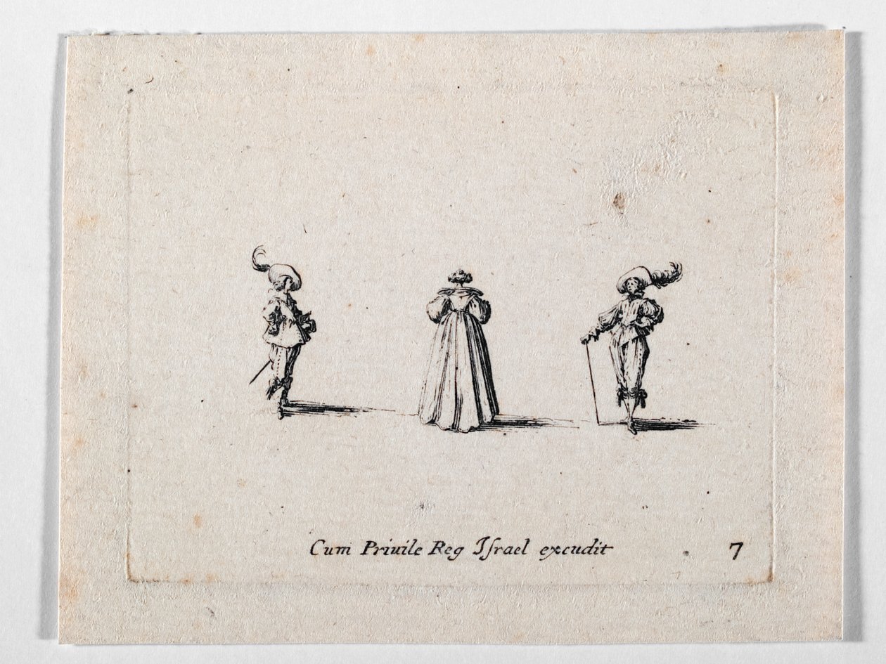 Hátulról nézve egy gazdagon rakott ruhás hölgy és két lovas, Les Fantaisies de Noble J. Callot ... (metszet) alkotó: Jacques Callot