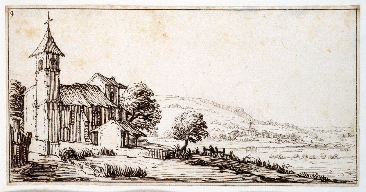 Folyói táj Nancy közelében, Maxeville falu templomával és egy másikkal a közepén, egy Israel Silvestre albumból, 1630 körül (toll és tinta papíron) alkotó: Jacques Callot
