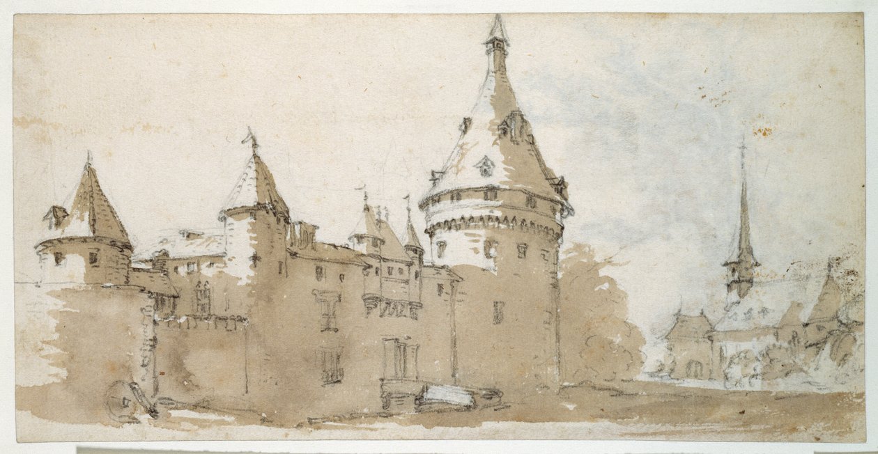 Tornyos kastély és templom (barna és szürke mosás fekete krétával papíron) alkotó: Jacques Callot