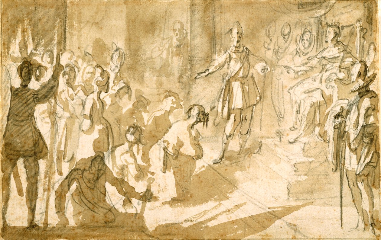 Inghirami admirális török foglyokat mutat be I. Ferdinánd toszkán királynak, 1615 körül (papíron krétával átmosott toll és tinta) alkotó: Jacques Callot