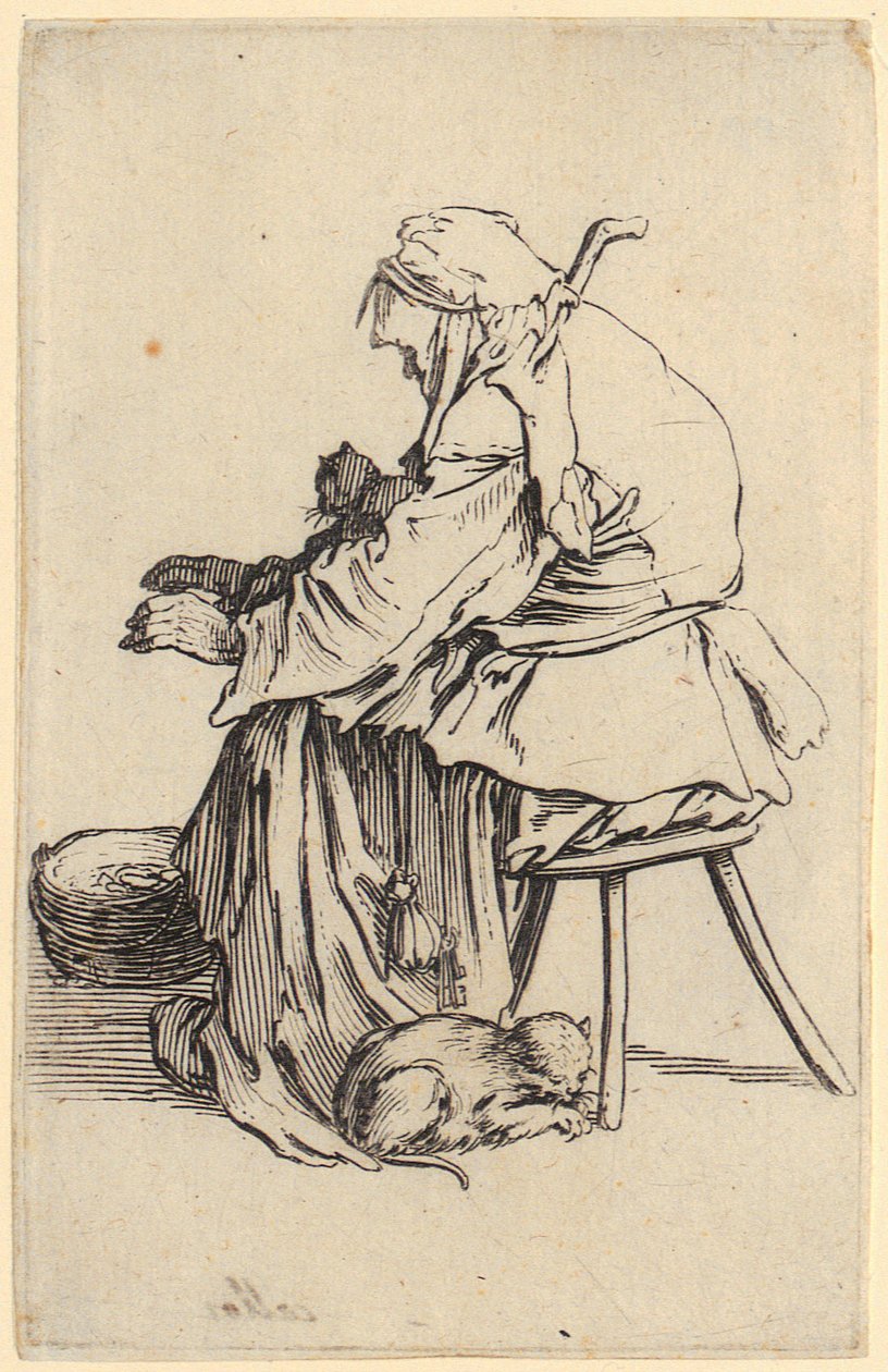 Öregasszony macskákkal, a „Koldusok” sorozat 25. lapja alkotó: Jacques Callot
