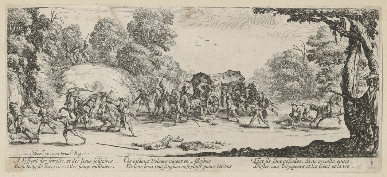 Támadás egy postakocsira, a „A háború borzalmai” című sorozat 8. része alkotó: Jacques Callot