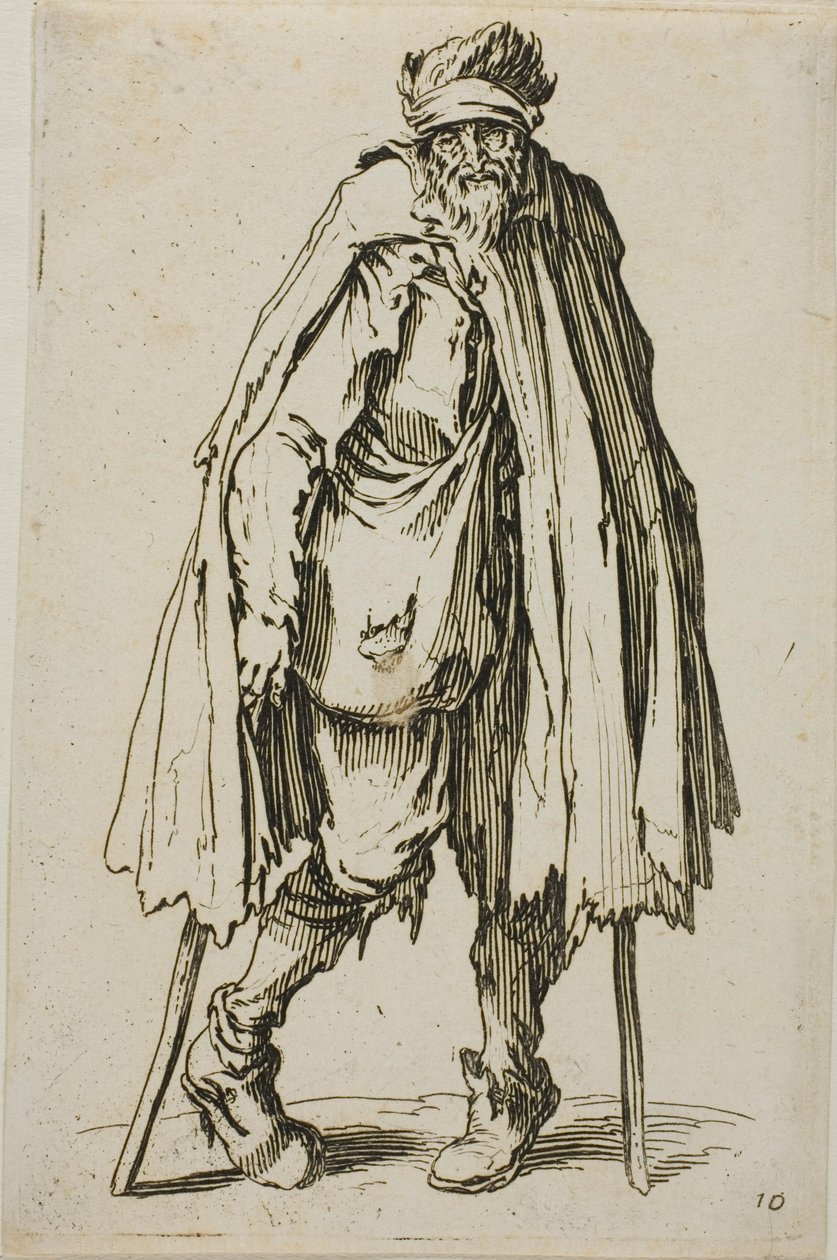 Botra támaszkodó koldus, tizenkilences tányér a The Beggars-től alkotó: Jacques Callot