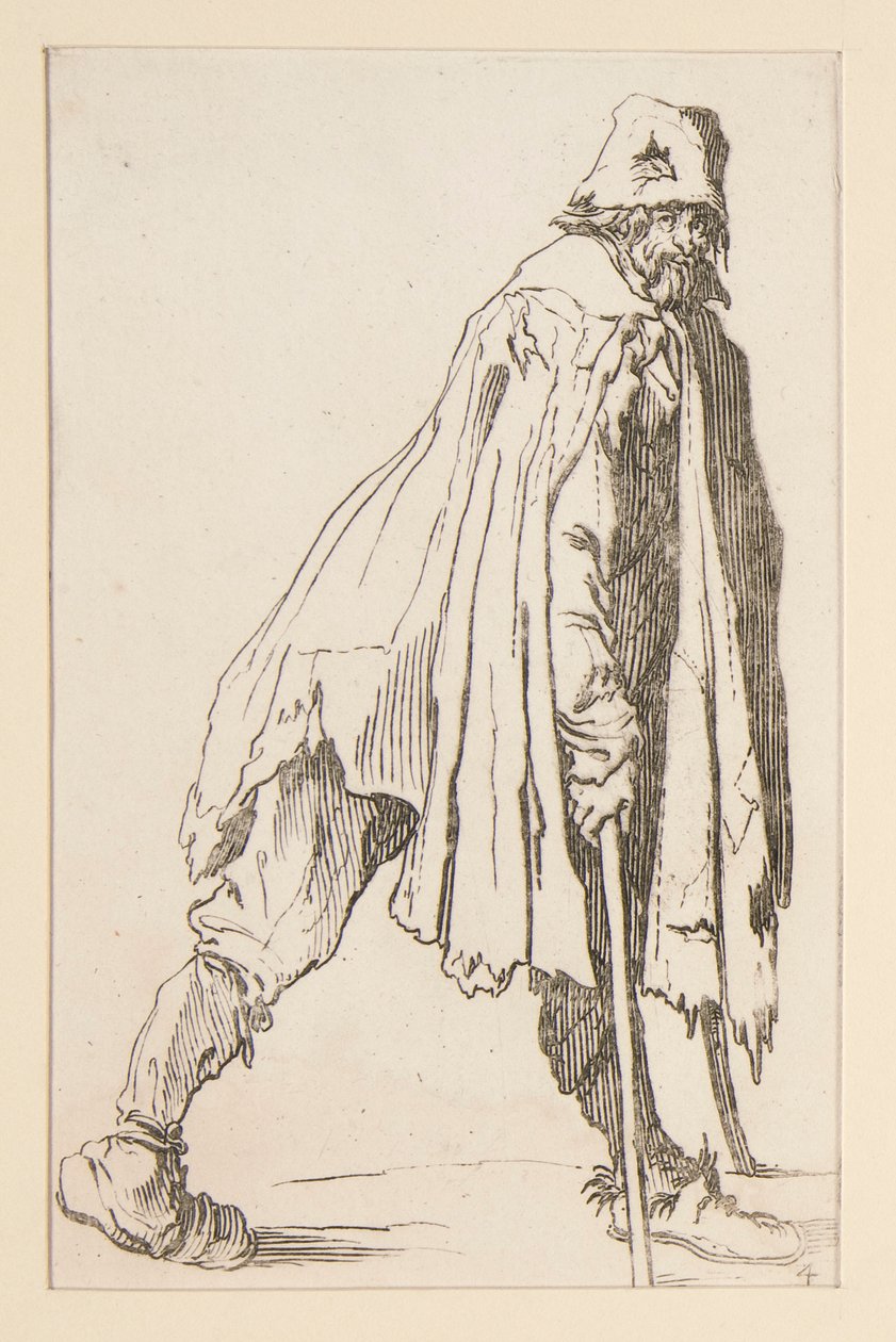Koldus sapkában, mankóval, a The Beggars-től. alkotó: Jacques Callot