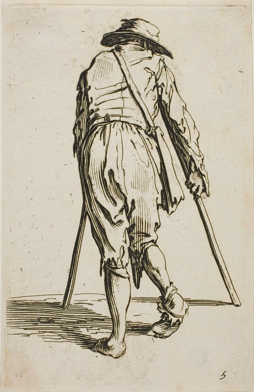 Koldus mankón és kalapban, hátulról nézve, ötödik kép a Koldusokból alkotó: Jacques Callot