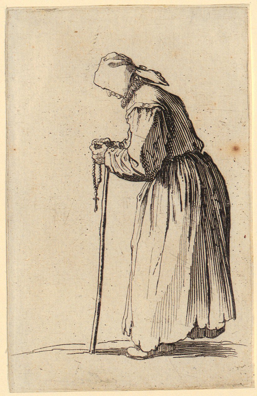 Koldusnő rózsafüzérrel, a „Koldusok” sorozat 7. lapja alkotó: Jacques Callot