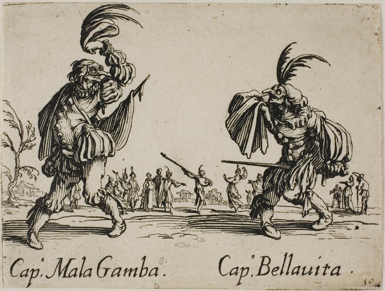 Mala Gamba kapitány - Bellavita kapitány, 15. lemez a Balli di Sfessania-tól alkotó: Jacques Callot