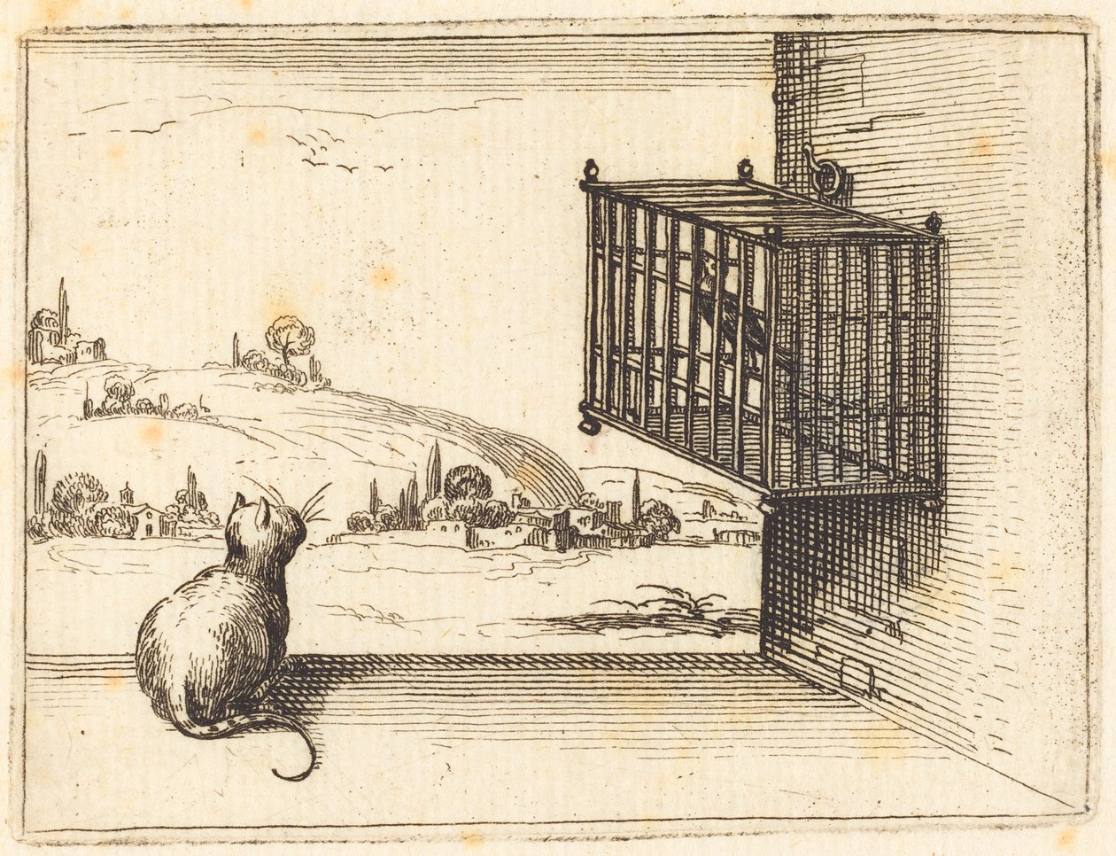 Macska, aki egy ketrecbe zárt madarat figyel alkotó: Jacques Callot