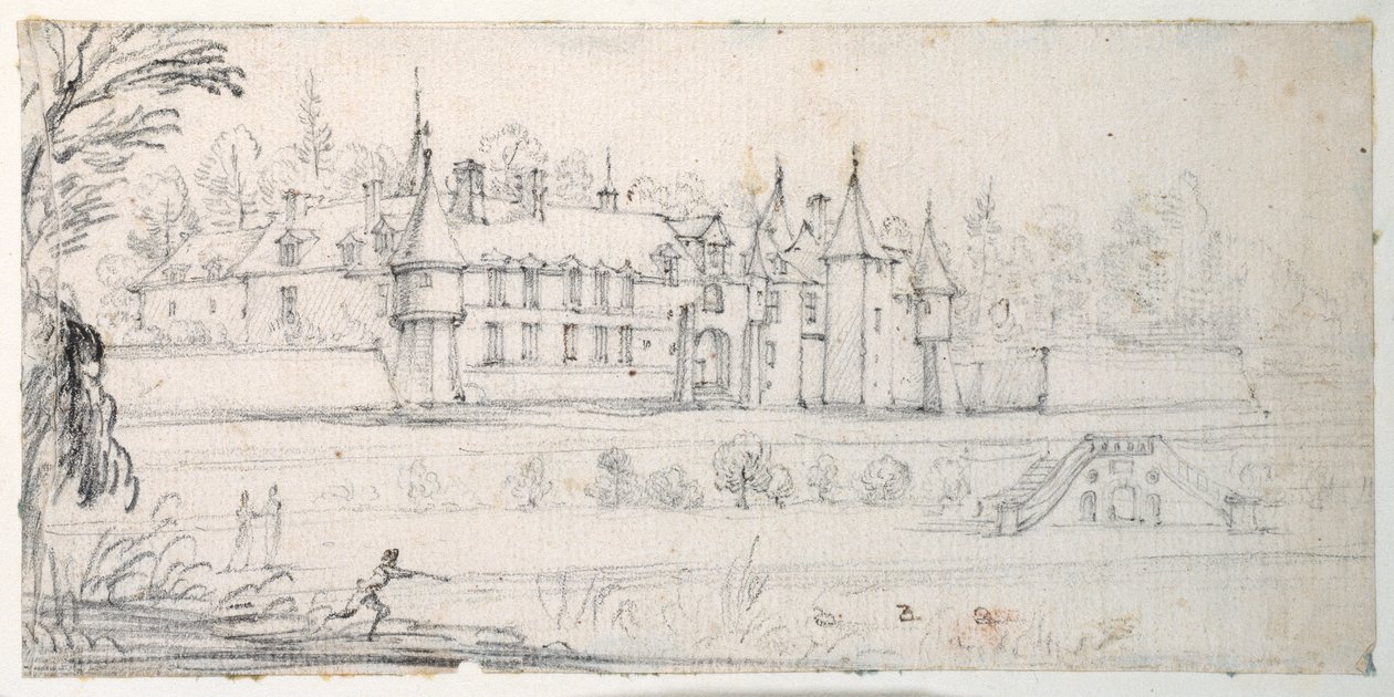 Chateau de Chantelou, az Orge völgyében, Linas és Chestres között (fekete kréta papíron) alkotó: Jacques Callot