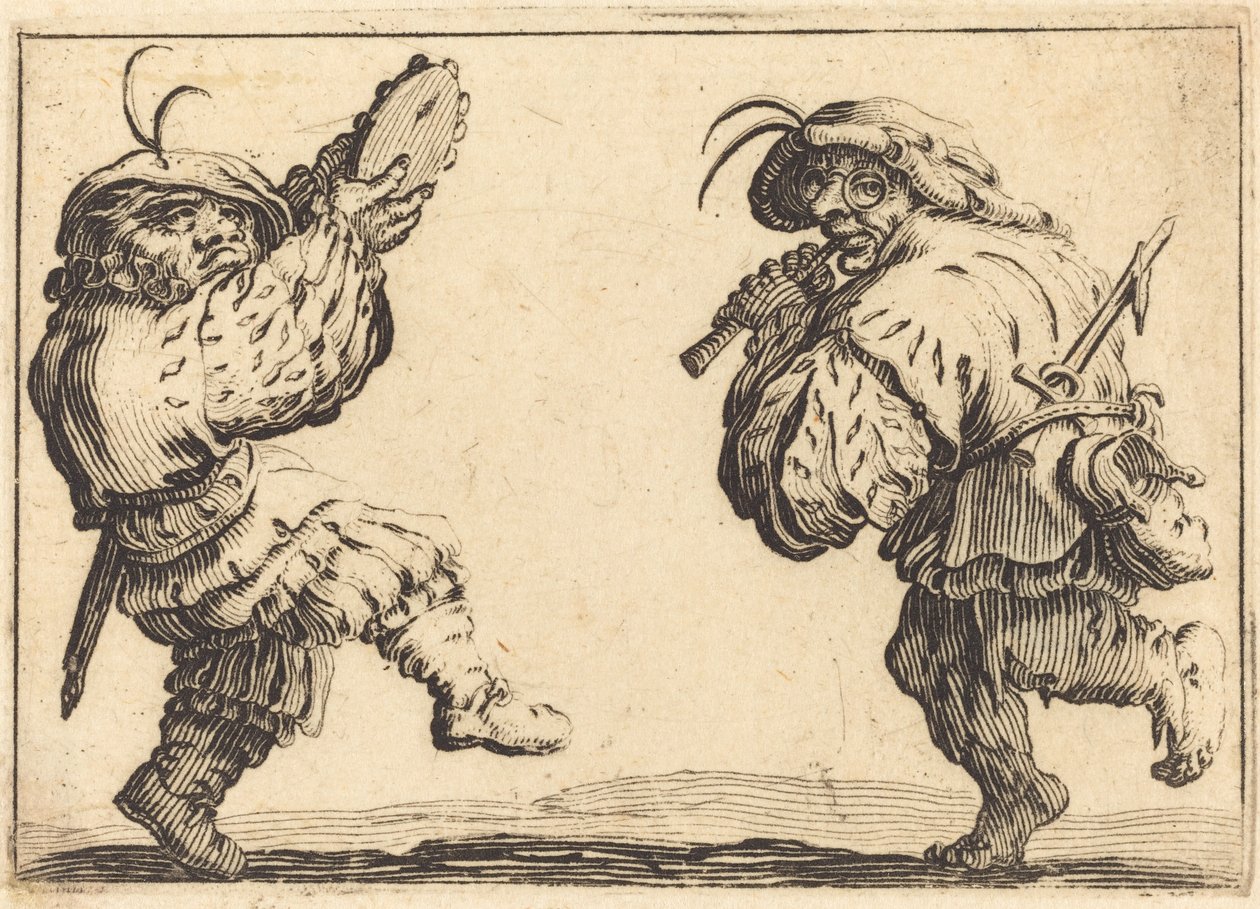 Táncosok furulyával és tamburával alkotó: Jacques Callot