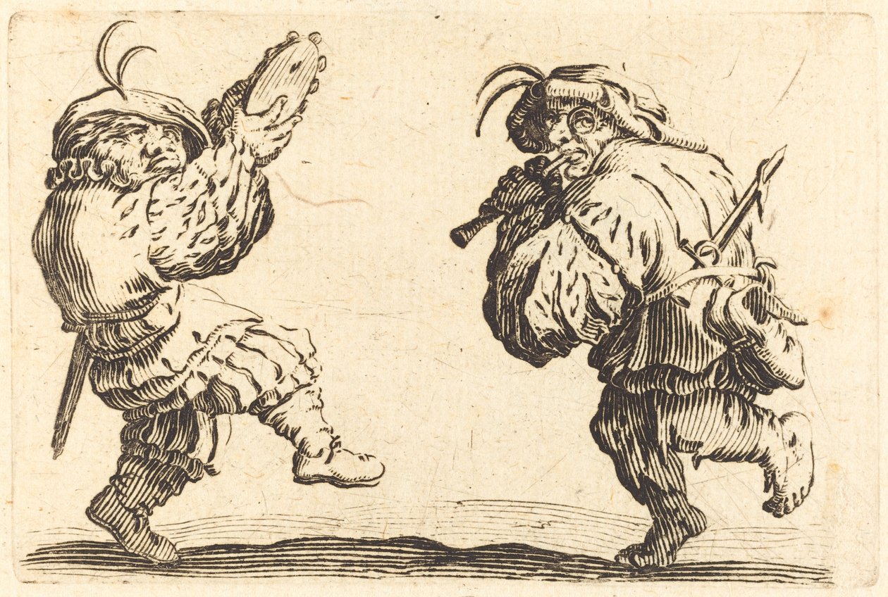 Táncosok furulyával és tamburával alkotó: Jacques Callot