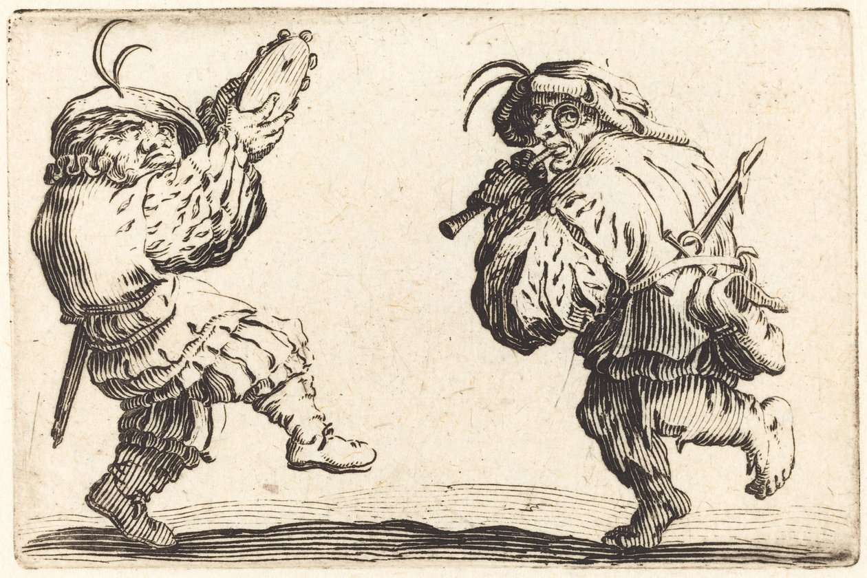Táncosok furulyával és tamburával, c. 1622. alkotó: Jacques Callot