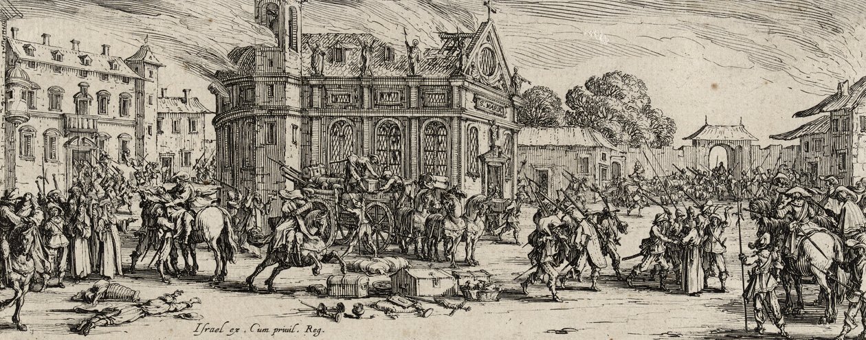 Egy kolostor lerombolása, 1633 (rézkarc fektetett papírra) alkotó: Jacques Callot
