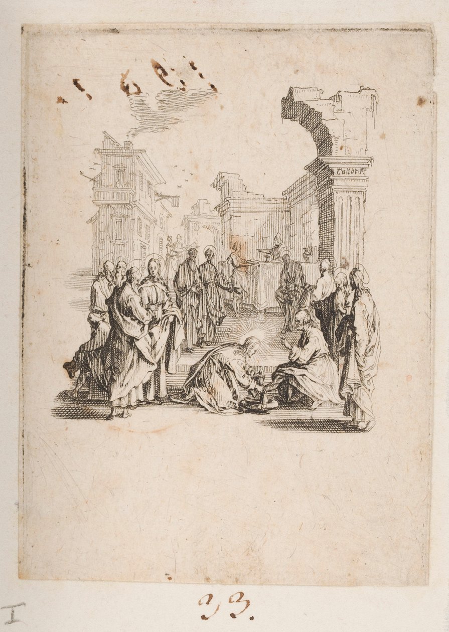 Krisztus lábát mosó tanítvány, sz. 1/11 a La Petite Passionból alkotó: Jacques Callot