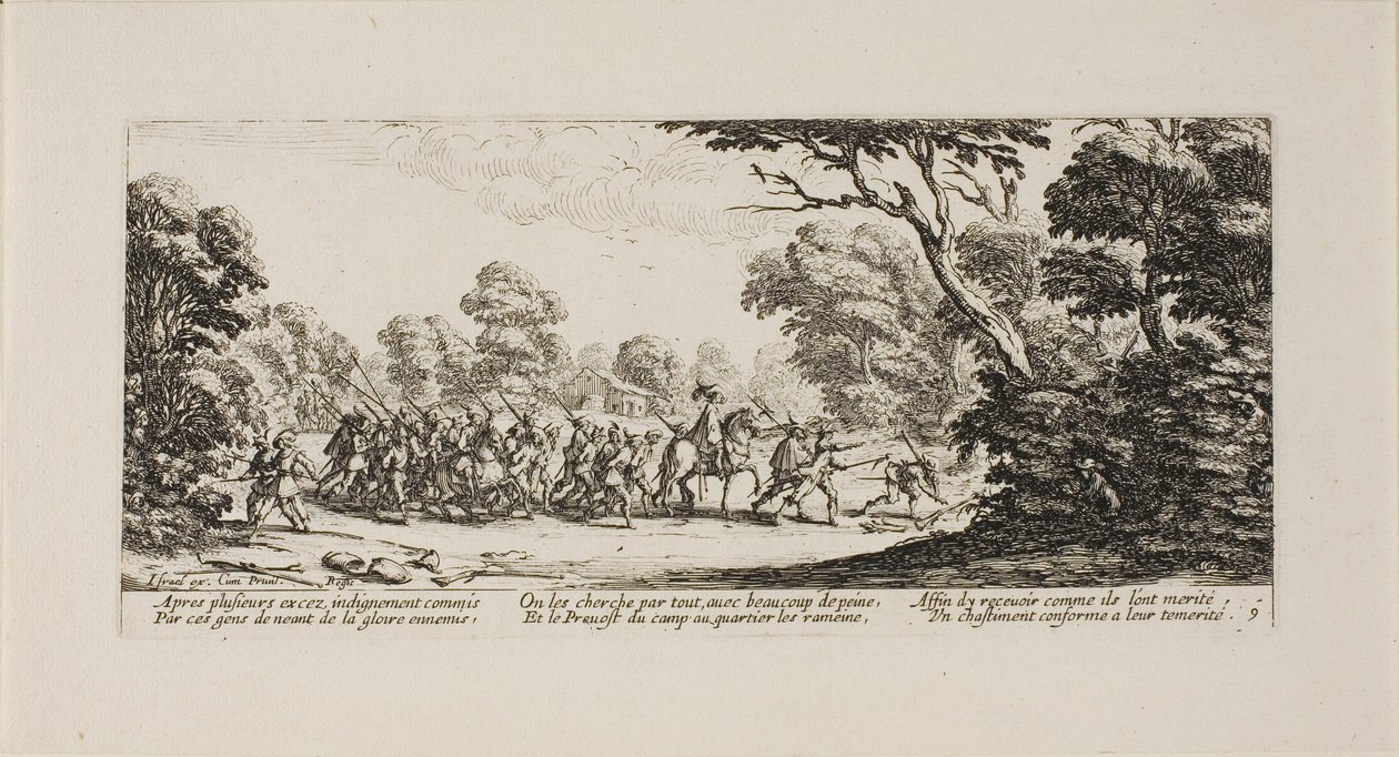 A bűnöző katonák felfedezése, kilencedik tábla A háború nyomorúságaiból alkotó: Jacques Callot