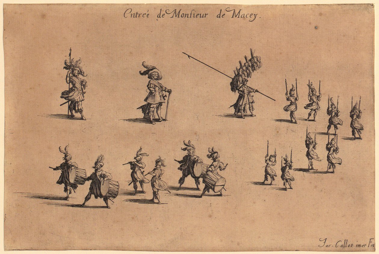 Prémmel szegett köpenyt viselő nemesúr, kezét a háta mögött összekulcsolva, a „Nemesség” sorozat 7. lapja alkotó: Jacques Callot
