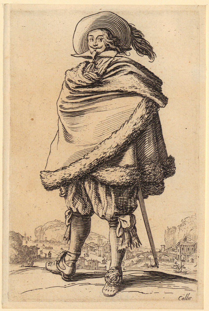 Szőrmével díszített köpenyt viselő nemesember, a „Nemesség” sorozat 10. lapja alkotó: Jacques Callot
