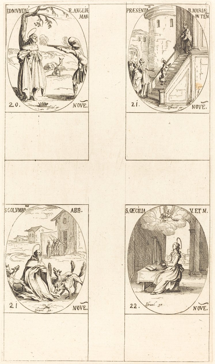 Edmund, Anglia királya, Mártír, Szűzanya bemutatása, Szent Kolumba, Szent Cecil. alkotó: Jacques Callot