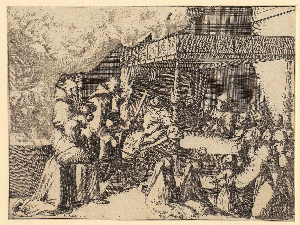Margarethe főhercegnő a pápai audiencián, az „Requiem a spanyol királynőért” című sorozat 5. lapja alkotó: Jacques Callot