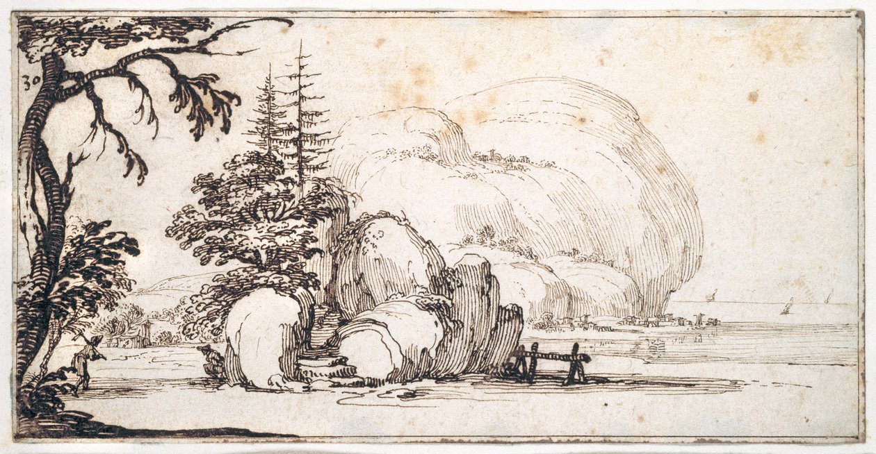 Fantasztikus sziklák a tengerparton, épületek a parton (toll és barna tinta papíron) alkotó: Jacques Callot