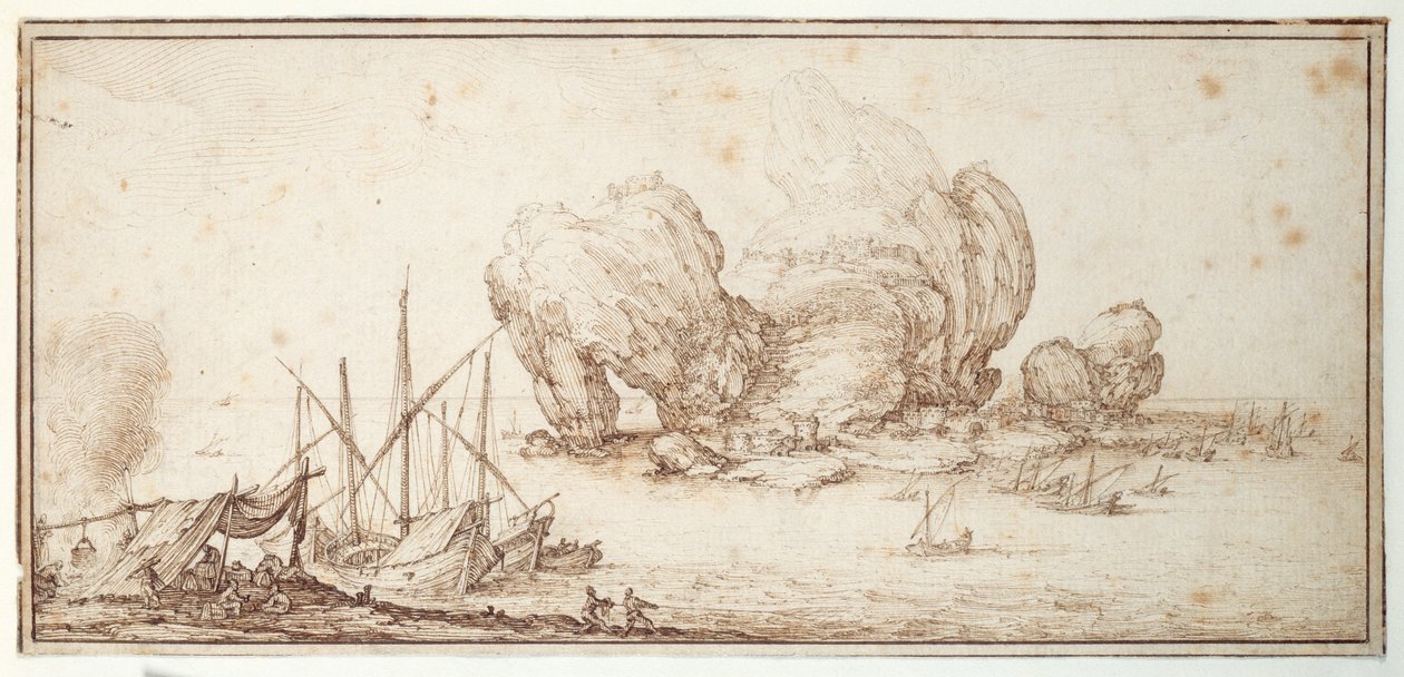 Fantasztikus sziklák, megerősítve. Szállítás. Tengerészek kételkednek mesterségük láttán (Le Grand Rocher) (toll és tinta papíron) alkotó: Jacques Callot