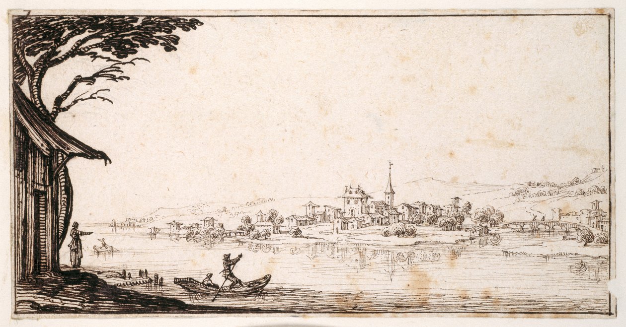 Utas átszállítása a folyón egy kisvárosba, amelyet híd köt össze a kastéllyal (toll és barna tinta papíron) alkotó: Jacques Callot