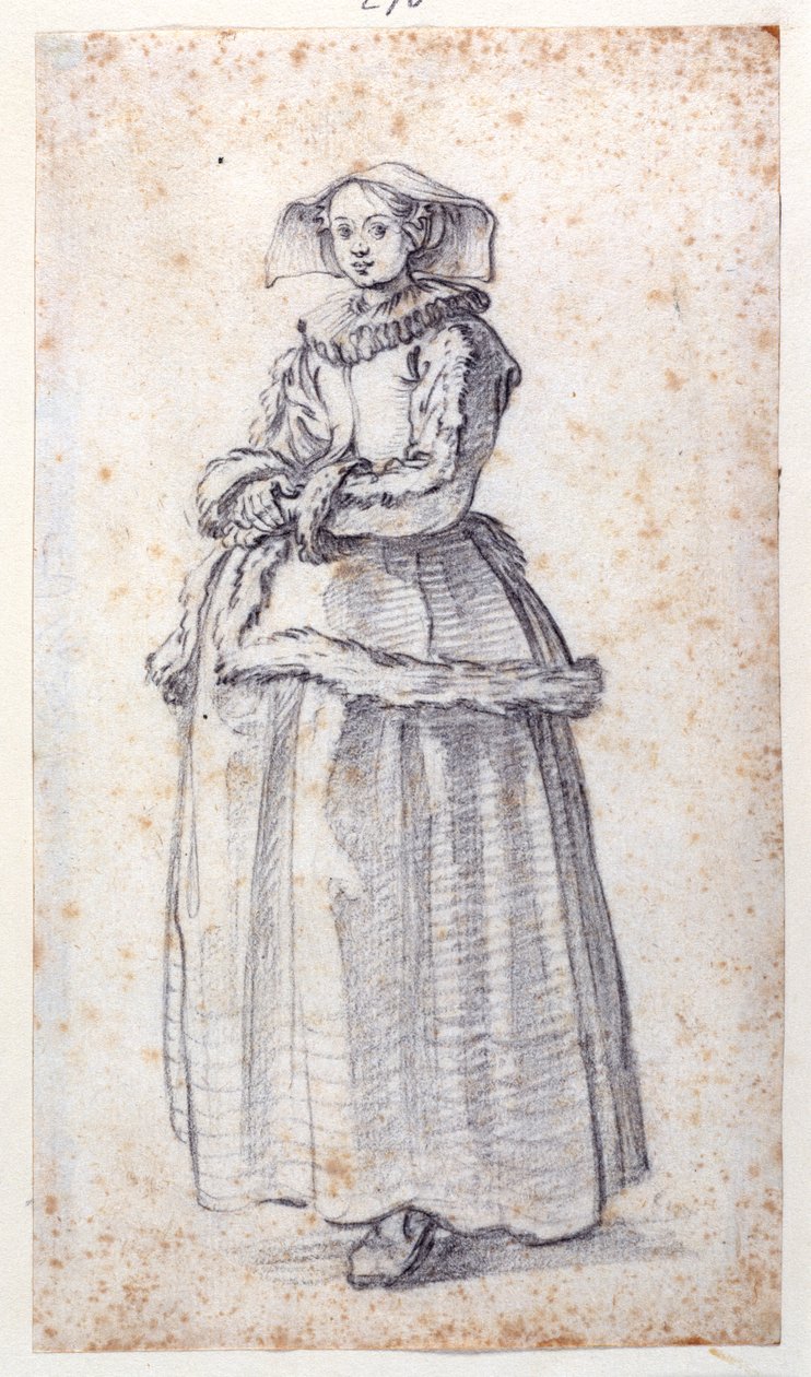 Figura szőrmével díszített ruhával (fekete kréta papíron) alkotó: Jacques Callot