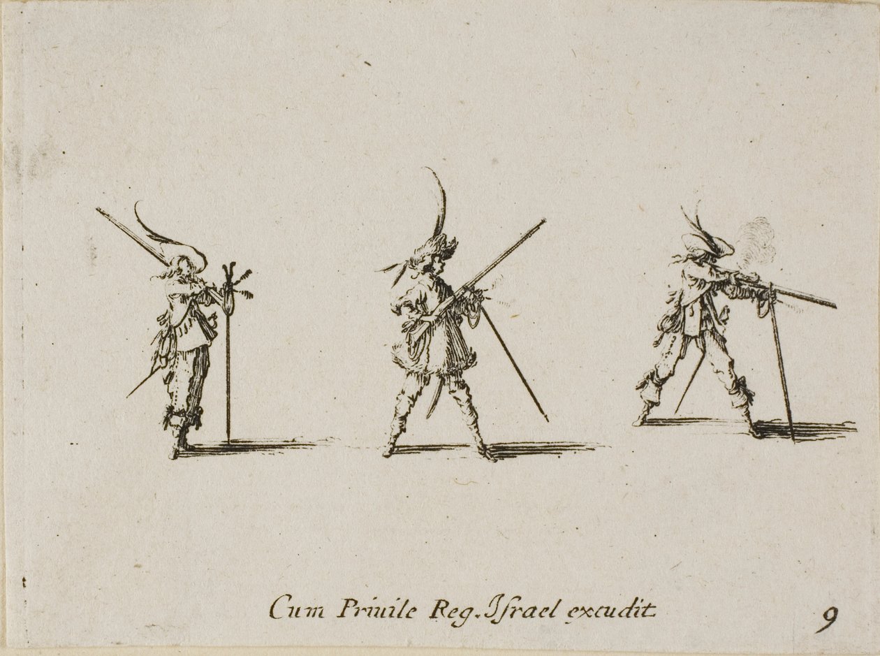 A muskéta tüzelése, kilences lemez a Katonai gyakorlatokból alkotó: Jacques Callot