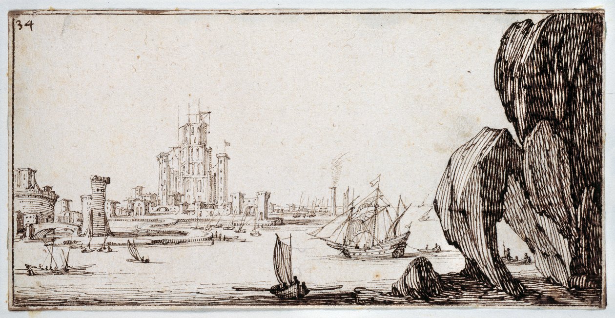 Harbour (toll és barna tinta papíron) alkotó: Jacques Callot